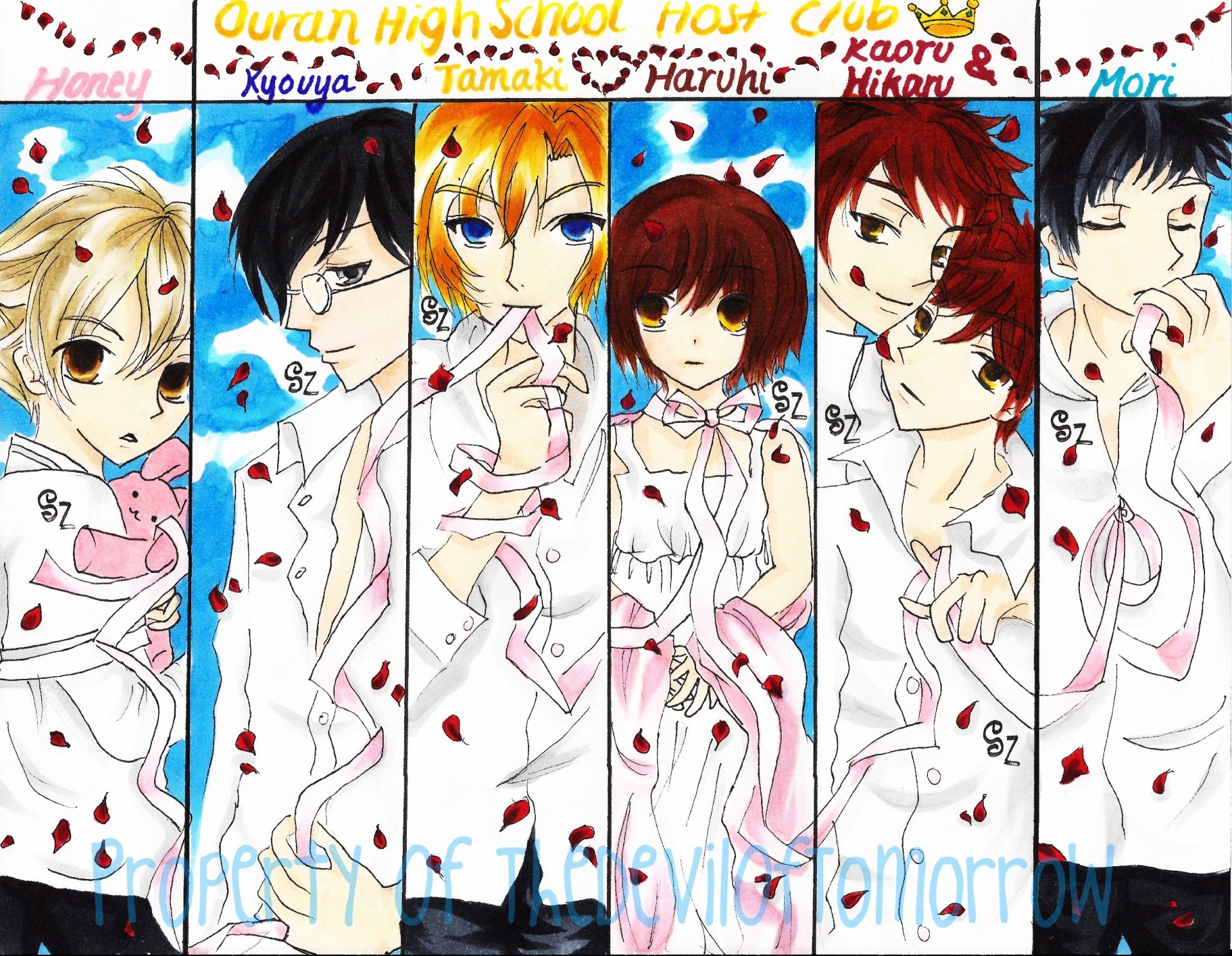 HD desktop wallpaper featuring characters from Ouran High School Host Club in stylish poses with a splash-art background.