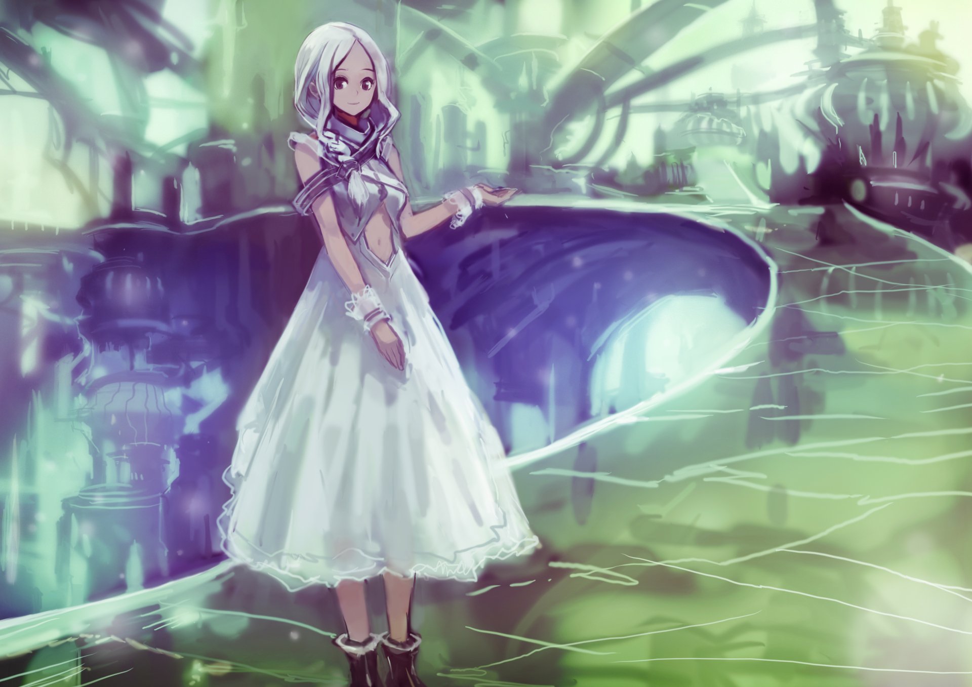 A fantasy-themed anime artwork featuring a character with long white hair in a braid, dressed in a flowing white gown, smiling against a mystical, vibrant backdrop. HD desktop wallpaper.