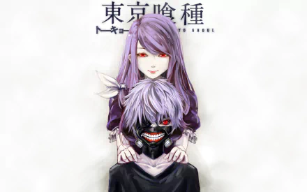 Rize Kamishiro and Ken Kaneki from Tokyo Ghoul are depicted in this HD anime wallpaper, showcasing their striking contrasting aesthetics and the essence of the series.