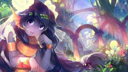 Anime girl with long hair, blue eyes, and a flower crown rests in a vibrant, magical forest with glowing flora and ancient stone arches in this HD PC desktop wallpaper.