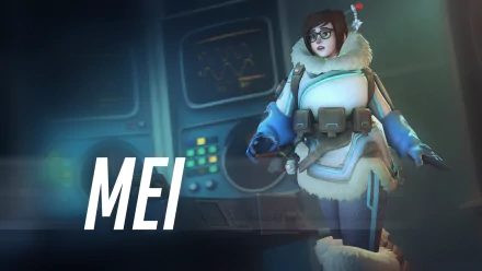 HD desktop wallpaper featuring Mei-Ling Zhou from Overwatch, a character by Blizzard Entertainment, showcasing her iconic winter outfit and a techy background.