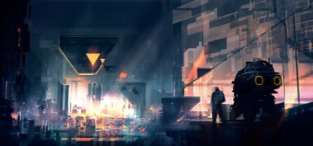 Futuristic sci-fi cityscape at dusk with glowing neon lights and a silhouetted figure next to a vehicle, rendered in high-definition for a PC desktop background.
