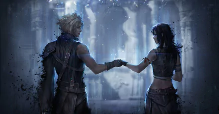 A stylized HD wallpaper featuring Tifa Lockhart and Cloud Strife from Final Fantasy VII, showcasing a moment of connection amidst a mystical background.