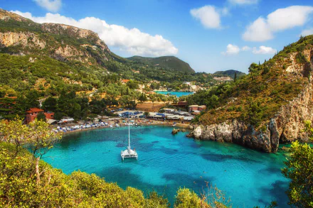 A serene beach scene in Corfu, Greece, featuring a man-made harbor with a boat anchored in vibrant turquoise waters surrounded by lush green hills under a blue sky.
