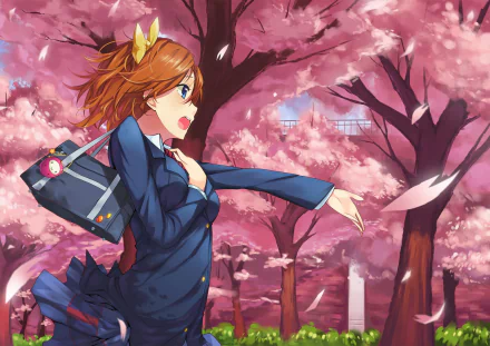 Anime character Honoka Kousaka from Love Live! runs joyfully among blooming cherry blossom trees, capturing a vibrant scene full of energy and color in this HD desktop wallpaper.
