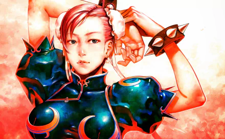 HD PC desktop wallpaper of Chun-Li from the video game Street Fighter II: The World Warrior — painted portrait in blue qipao with spiked bracelets and hair bun against a warm red background.