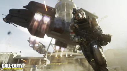 A soldier in a futuristic suit advances with a weapon as a spaceship takes off in the background, showcasing intense action from Call of Duty: Infinite Warfare in stunning 4K Ultra HD.