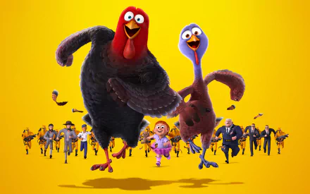 HD desktop wallpaper featuring animated birds and characters from the movie Free Birds against a bright yellow background.