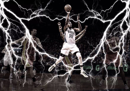 HD desktop wallpaper of a basketball player in mid-air performing a slam dunk amidst stylized lightning graphics.