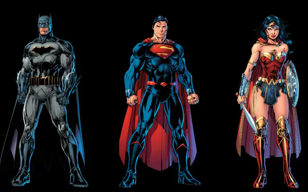 HD wallpaper featuring iconic DC Comics characters: Batman, Superman, and Wonder Woman in their classic superhero costumes against a black background.