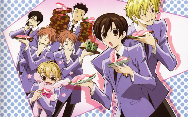 HD desktop wallpaper featuring the characters from Ouran High School Host Club in their signature purple blazers against a polka-dot background.
