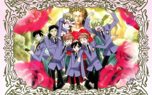 Ouran High School Host Club characters pose together in this colorful HD desktop wallpaper with floral accents.