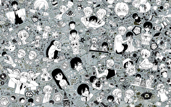 HD desktop wallpaper featuring a collage of various Ouran High School Host Club characters in monochrome.