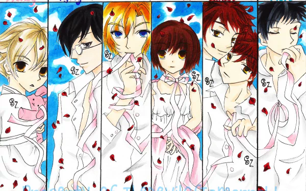 HD desktop wallpaper featuring characters from Ouran High School Host Club in stylish poses with a splash-art background.