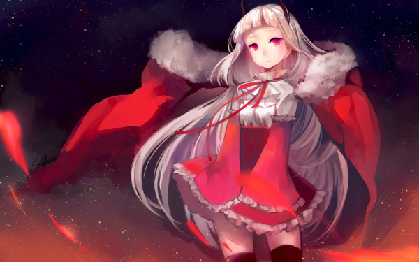 Anime character with long white hair and red eyes, wearing a red dress and pantyhose, adorned with horns and a ribbon, set against a dramatic background in this vibrant 4K Ultra HD wallpaper.