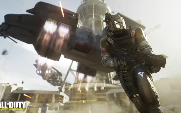 A soldier in a futuristic suit advances with a weapon as a spaceship takes off in the background, showcasing intense action from Call of Duty: Infinite Warfare in stunning 4K Ultra HD.