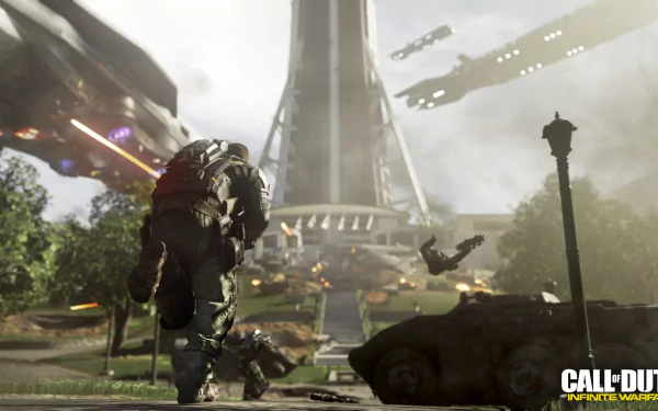 4K Ultra HD PC wallpaper featuring intense combat scenes from the video game Call of Duty: Infinite Warfare with futuristic soldiers and aircraft in action.