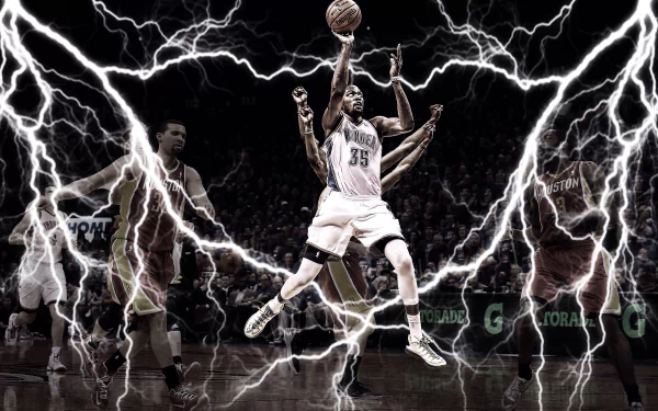 HD desktop wallpaper of a basketball player in mid-air performing a slam dunk amidst stylized lightning graphics.