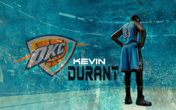HD wallpaper featuring a basketball player in blue, jersey number 35, with OKC and Kevin Durant text graphics in a dynamic, textured blue background.