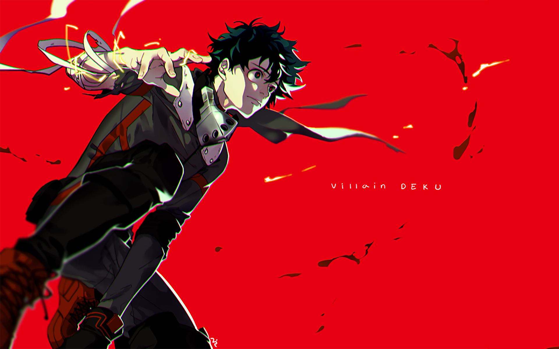 HD desktop wallpaper featuring Izuku Midoriya from My Hero Academia, set against a dramatic red background with dynamic action elements.