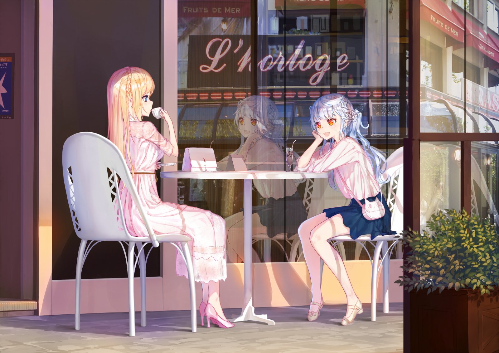 Anime-style HD wallpaper featuring two girls with blonde and blue hair, one with long braid and red eyes, the other with blue eyes, sharing tea outside a café with reflections visible.