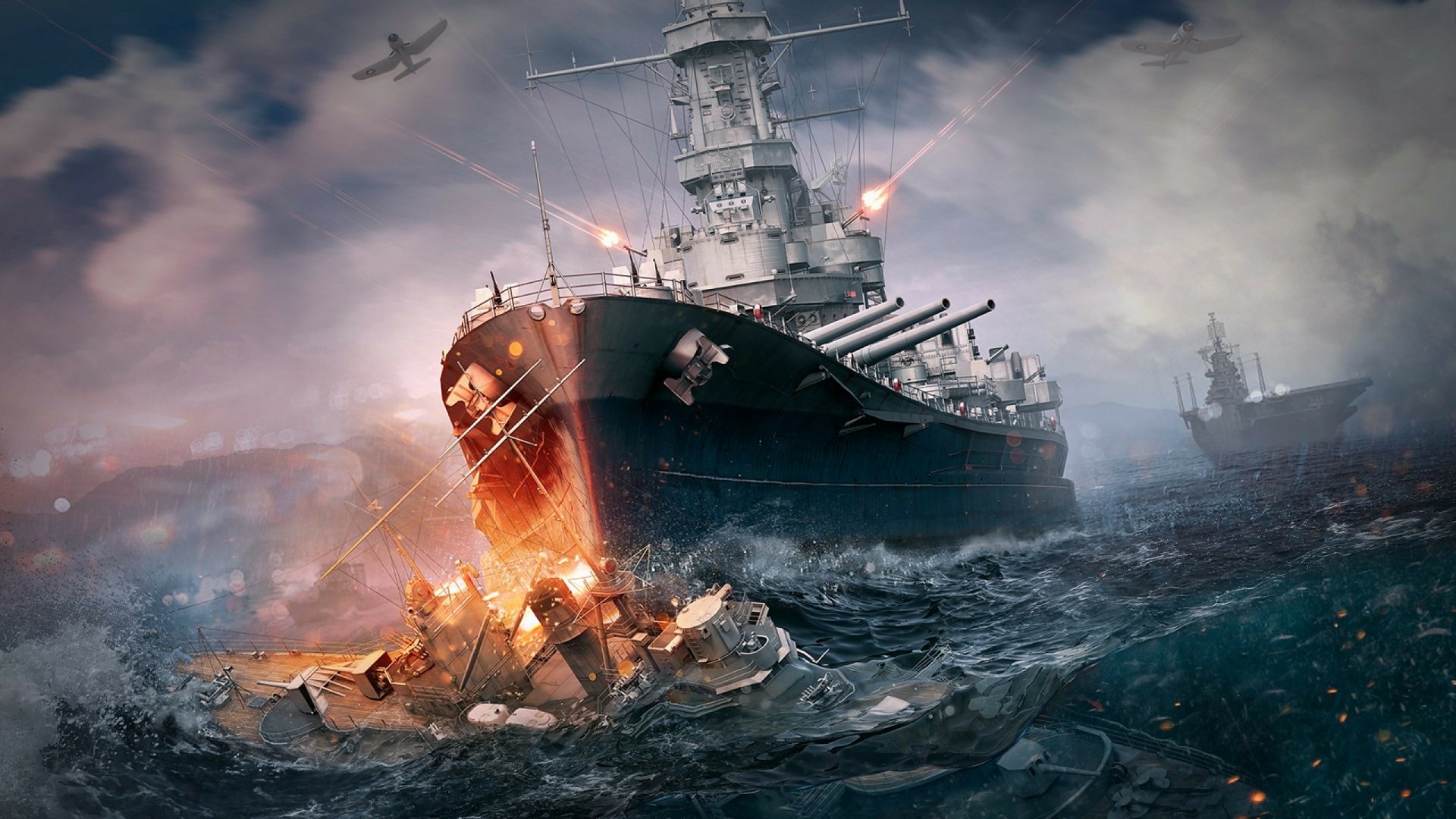 A dramatic HD wallpaper from the video game World of Warships, featuring a battleship engaging in battle amidst explosions and turbulent ocean waters.