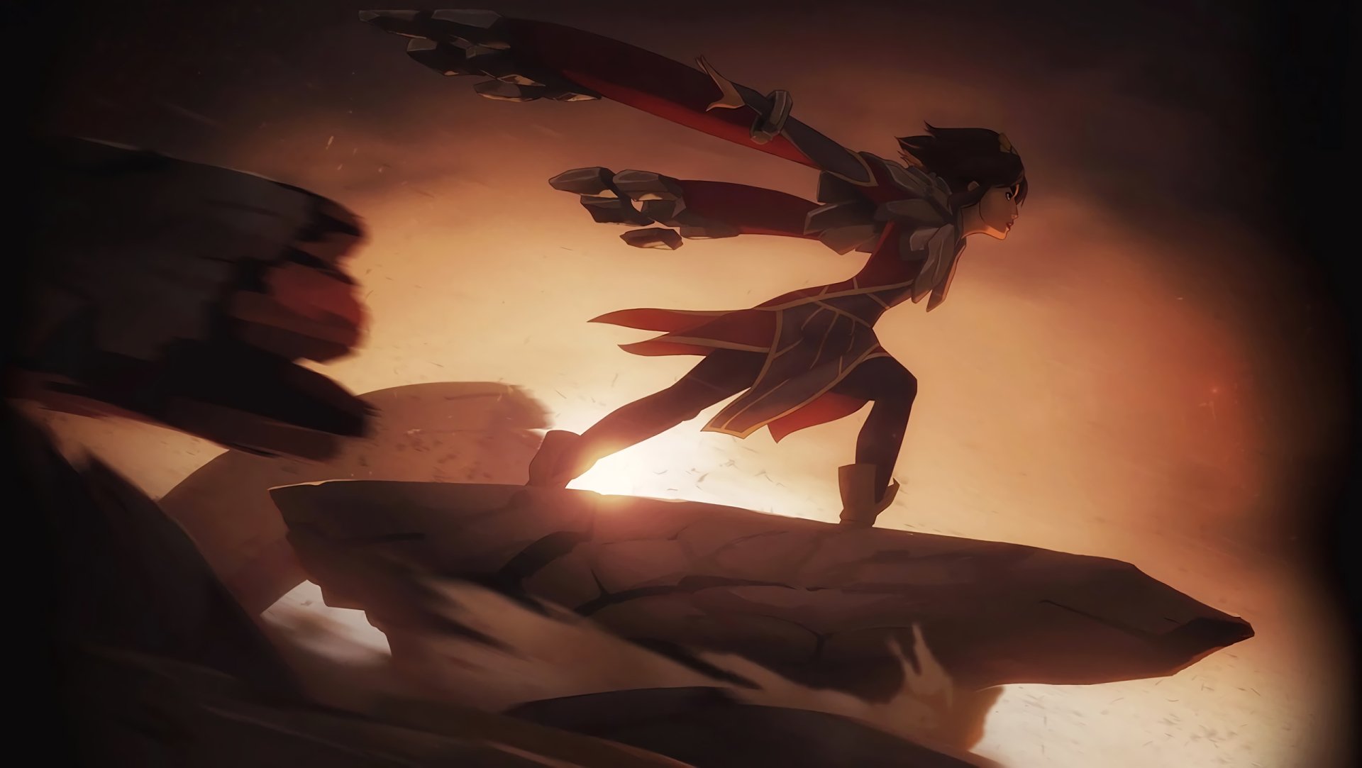 HD PC desktop wallpaper featuring Taliyah from the video game League of Legends in dynamic motion against a warm, glowing background.