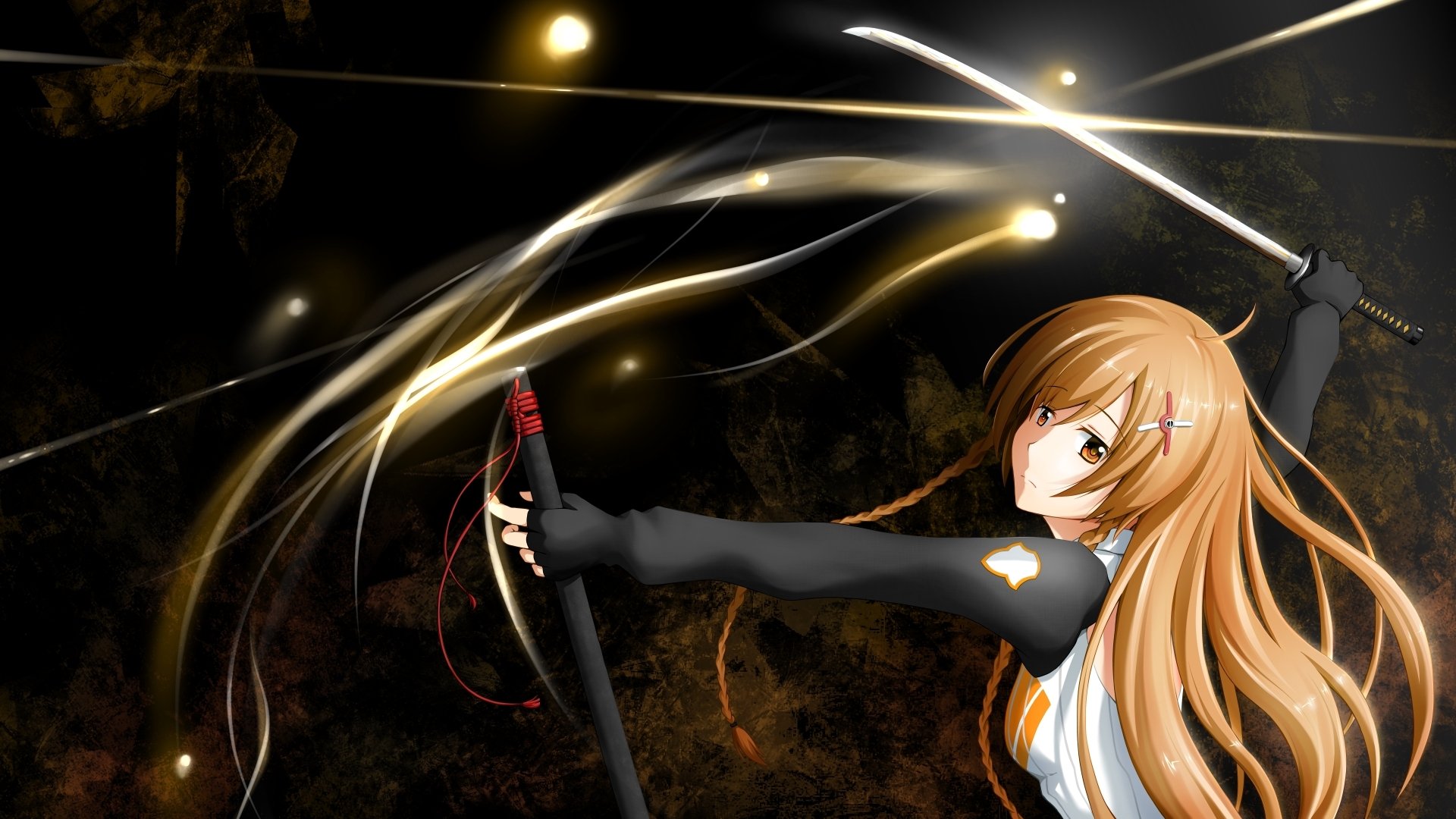 Anime-style original HD desktop wallpaper featuring a dynamic female character with long hair wielding a sword amid swirling light trails in a dark, dramatic setting.