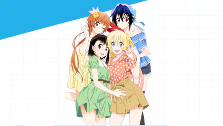 A vibrant HD wallpaper featuring characters Marika Tachibana, Kosaki Onodera, Seishirou Tsugumi, and Chitoge Kirisaki from the anime Nisekoi.