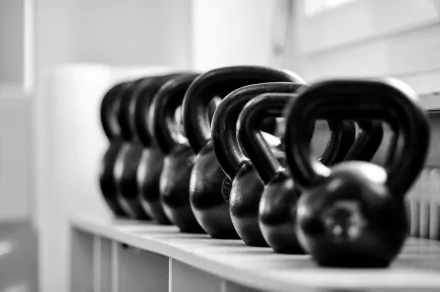 Black and white HD desktop wallpaper showing a row of kettlebells lined up indoors, emphasizing weightlifting and sports themes.