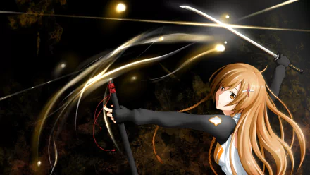 Anime-style original HD desktop wallpaper featuring a dynamic female character with long hair wielding a sword amid swirling light trails in a dark, dramatic setting.