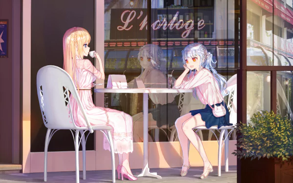 Anime-style HD wallpaper featuring two girls with blonde and blue hair, one with long braid and red eyes, the other with blue eyes, sharing tea outside a café with reflections visible.