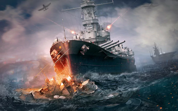 A dramatic HD wallpaper from the video game World of Warships, featuring a battleship engaging in battle amidst explosions and turbulent ocean waters.