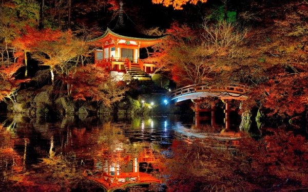 Religioso Daigo-ji Templos Jardín japonés Reflejo Otoño Pagoda Árbol Pond Fondo de pantalla HD | Fondo de Escritorio