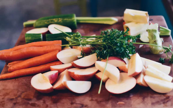 A vibrant 4K Ultra HD wallpaper featuring fresh apples, broccoli, cucumber, parsley, and carrots arranged on a wooden surface showcasing colorful fruits and vegetables.