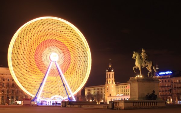 Man Made Ferris Wheel France Statue Building Lyon Night Light HD Wallpaper | Background Image