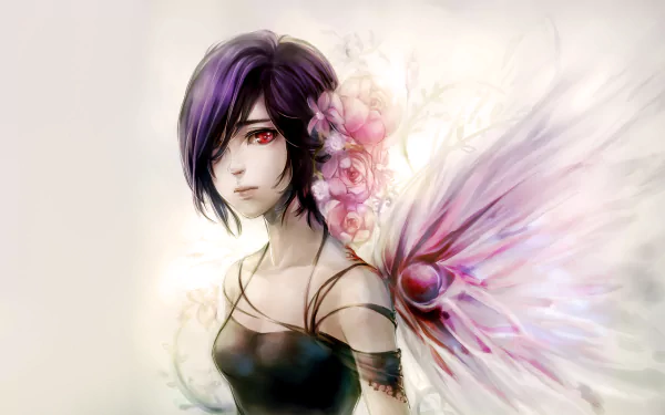 A stunning HD wallpaper featuring Touka Kirishima from Tokyo Ghoul, showcasing her ethereal beauty with vibrant wings and floral elements in a dreamlike atmosphere.