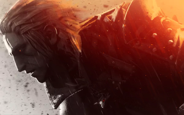 HD wallpaper featuring Geralt of Rivia from the video game The Witcher 3: Wild Hunt, showcasing a striking profile amidst a dramatic background of fiery hues.