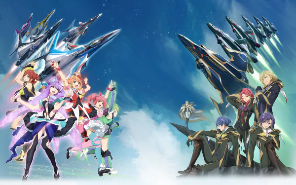 An HD desktop wallpaper featuring characters and mecha from Macross Delta, showcasing vibrant groups of singers and pilots against a dynamic backdrop of fighter jets.