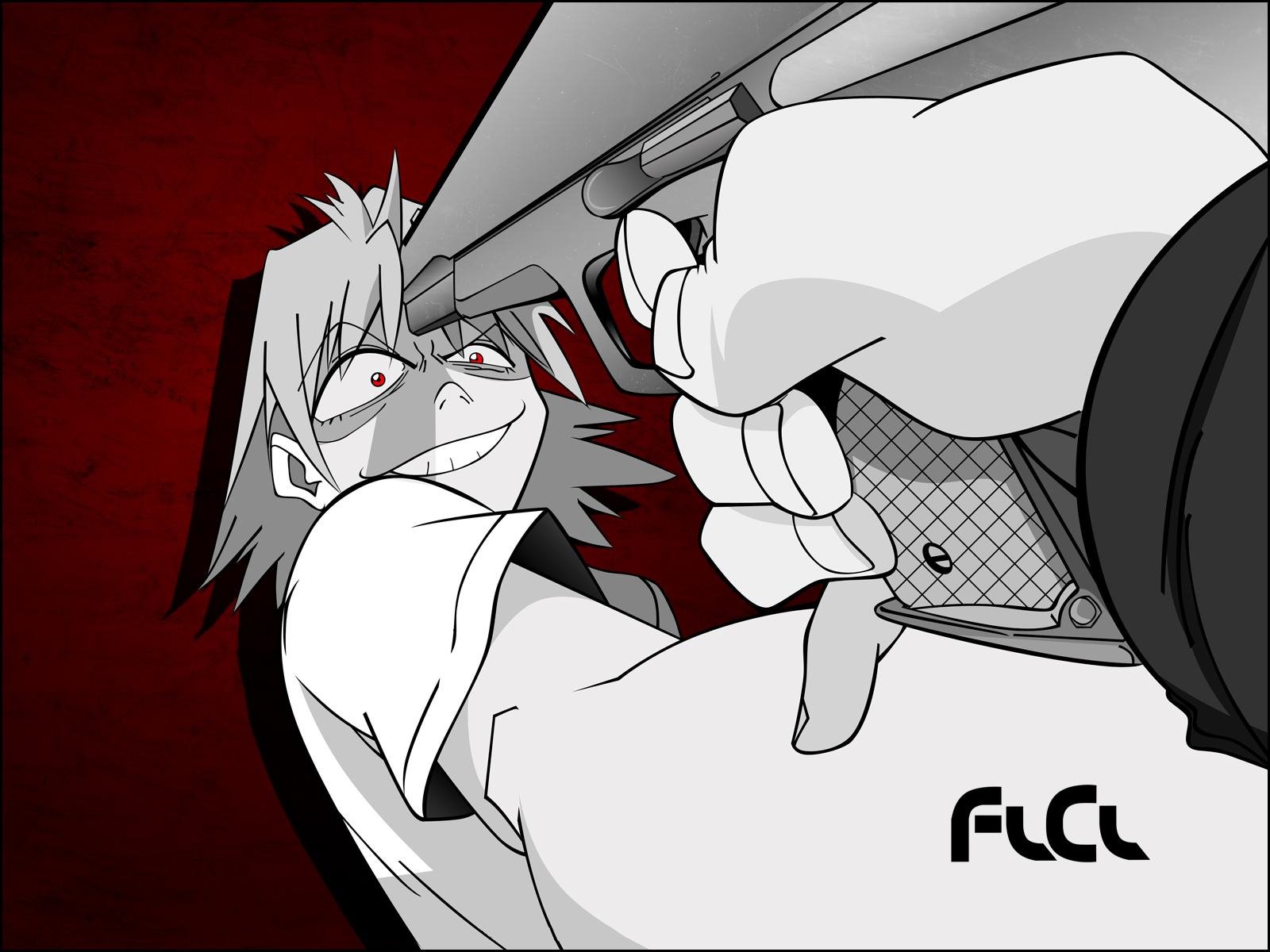 HD PC desktop wallpaper featuring a dynamic black-and-white anime scene from FLCL with intense character expression and a handgun pointed forward.
