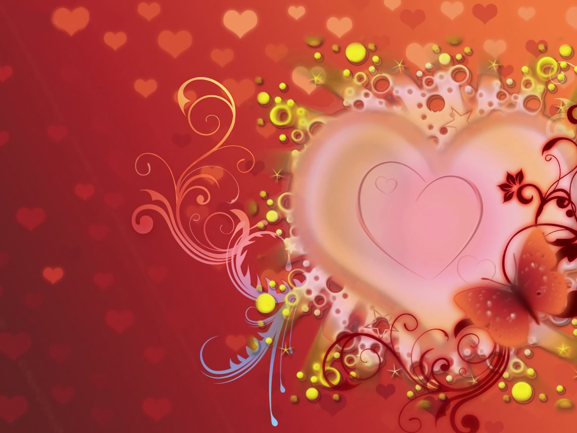 HD desktop wallpaper featuring an artistic red heart design with swirling floral patterns and love-themed elements on a vibrant red background.