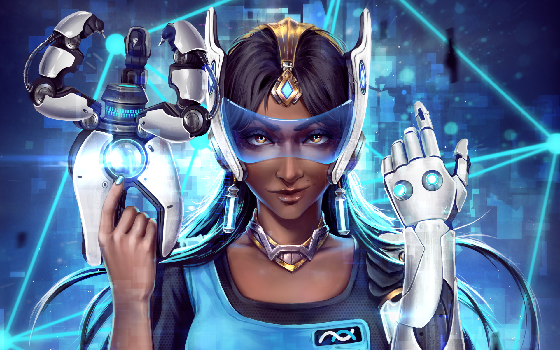 HD PC desktop wallpaper of Symmetra from the video game Overwatch, featuring her in futuristic armor with glowing blue accents and intricate technological details.