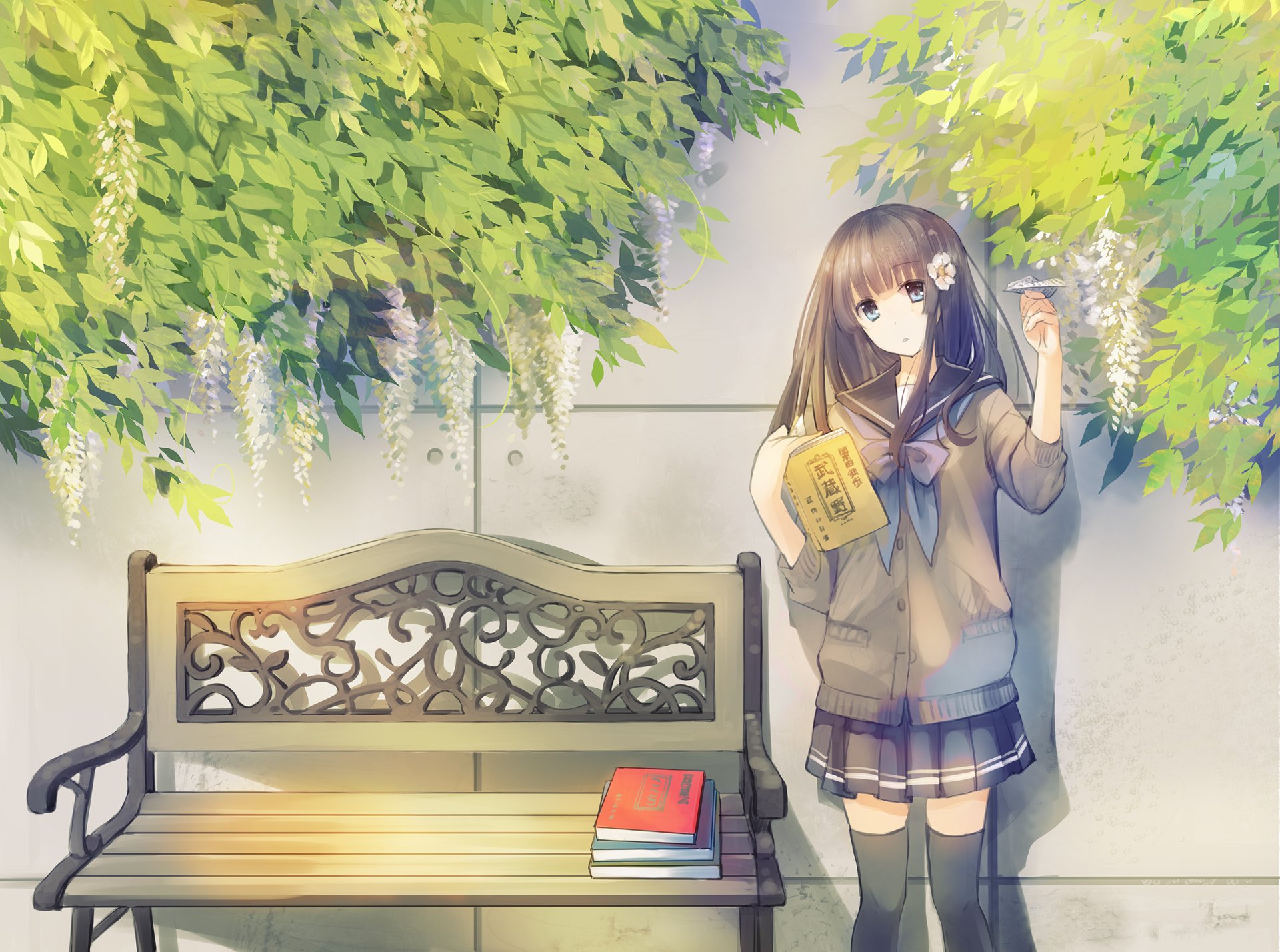 A serene anime scene featuring a girl with long hair holding a book, standing near a bench surrounded by lush greenery and flowers, designed as an HD PC desktop wallpaper.