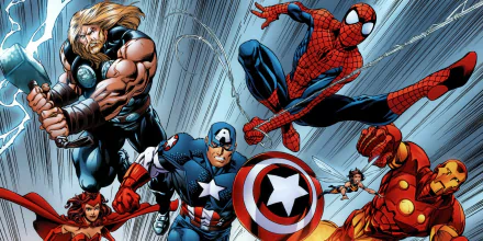 A dynamic Marvel Comics scene featuring Scarlet Witch, Spider-Man, Thor, Iron Man, Captain America, and Wasp, showcasing iconic superheroes in action against a vibrant backdrop.