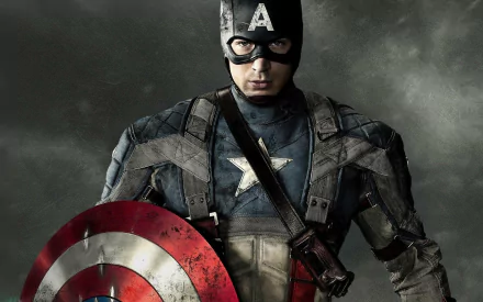 HD wallpaper featuring Chris Evans as Captain America from the movie Captain America: The First Avenger, showcasing the iconic hero in his suit with a shield.