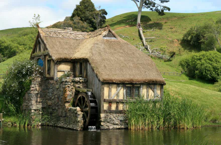 HD desktop wallpaper of a man-made Hobbiton watermill nestled by a pond with green rolling hills and trees in the background.