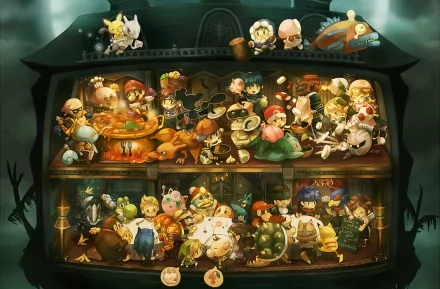 HD wallpaper of Super Smash Bros. Brawl featuring numerous characters from the game in a detailed, colorful illustration set inside a house-like structure.