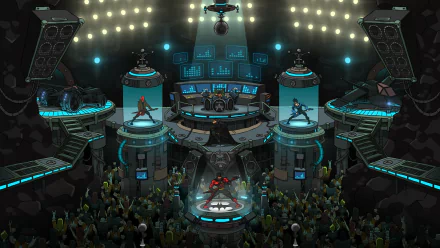 HD PC wallpaper featuring Joker, Batman, and the Children of Batman—Robin, Red Robin, Nightwing, and Red Hood—performing a Batmetal concert in the Batcave at Jokers Funland.