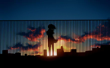 HD desktop wallpaper featuring an anime girl silhouetted against a vibrant sunset sky, with a serene background of clouds and cityscape.