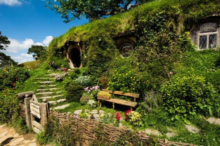 4K Ultra HD wallpaper of a man-made Hobbiton scene featuring charming greenery-covered hobbit homes under a bright blue sky.